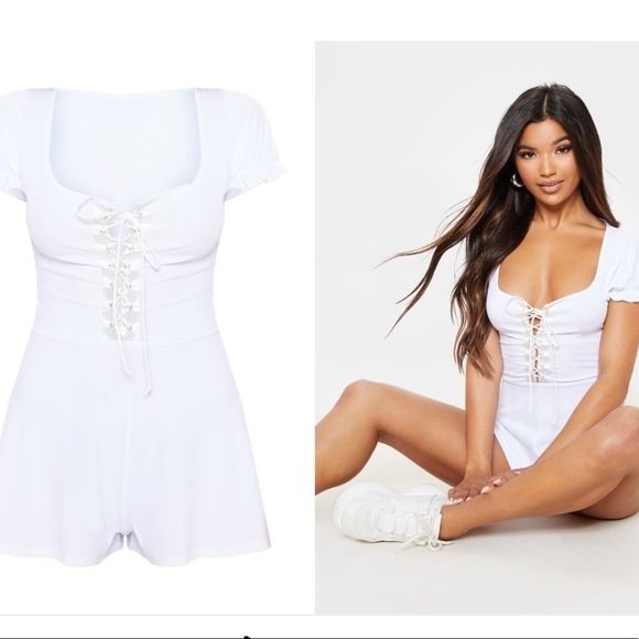 Pretty little thing White Puff Sleeve Loose Fit Romper NWT size 0 - Picture 3 of 11